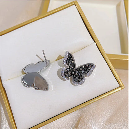 Inlaid Zircon Black Crystal Silver Colour Butterfly Earrings Women's Personality Fashion Earrings Wedding Jewelry Birthday Gifts