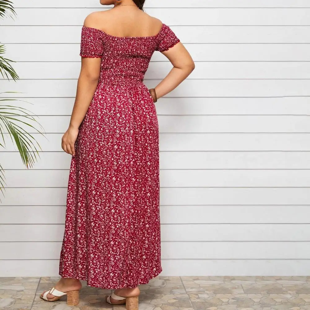 Elastic Chest Wrapped Boho Women Dress Plus Size Short Sleeve High Waist Split Flowy Hem Off Shoulder Floral Print Maxi  Dress