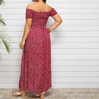 Elastic Chest Wrapped Boho Women Dress Plus Size Short Sleeve High Waist Split Flowy Hem Off Shoulder Floral Print Maxi  Dress