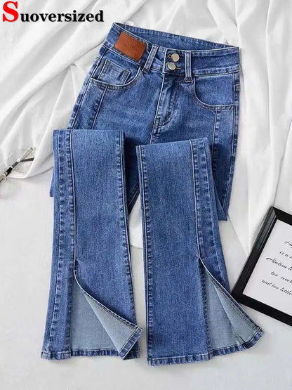 Skinny Hight Waist Split Flare Jeans Korean Streetwear Casual Stretch Denim Pants Woman Oversize 4xl Bell Bottom Kot Pantolon