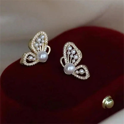 Pearl Crystal Earrings For Women Luxury Zircon Flower Butterfly Heart Girl Stud Earrings Party Fashion Jewelry Korean Earrings