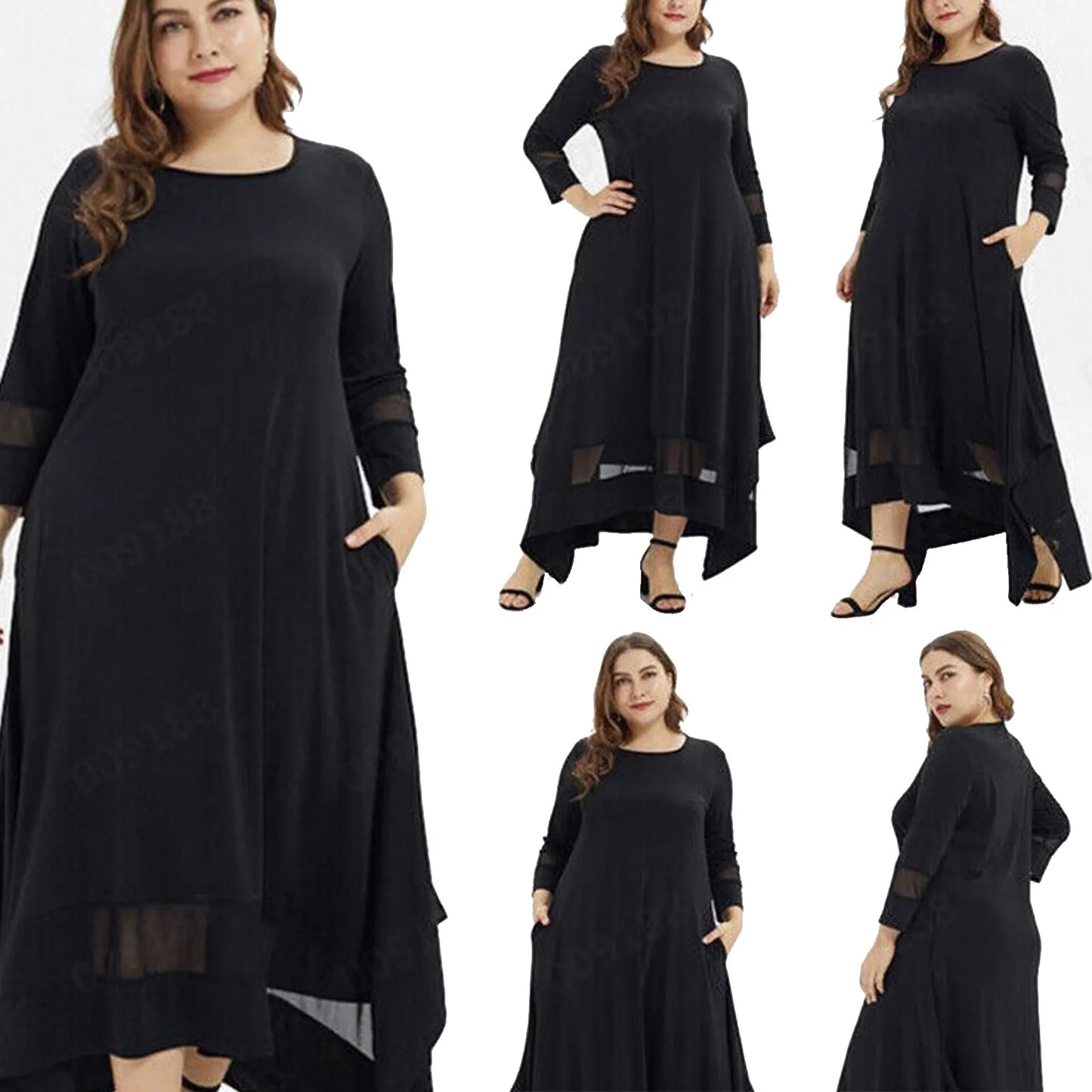 Women Fashion Solid Plus Size Maxi Dress O Neckline Perspective Long Sleeve Loose Black