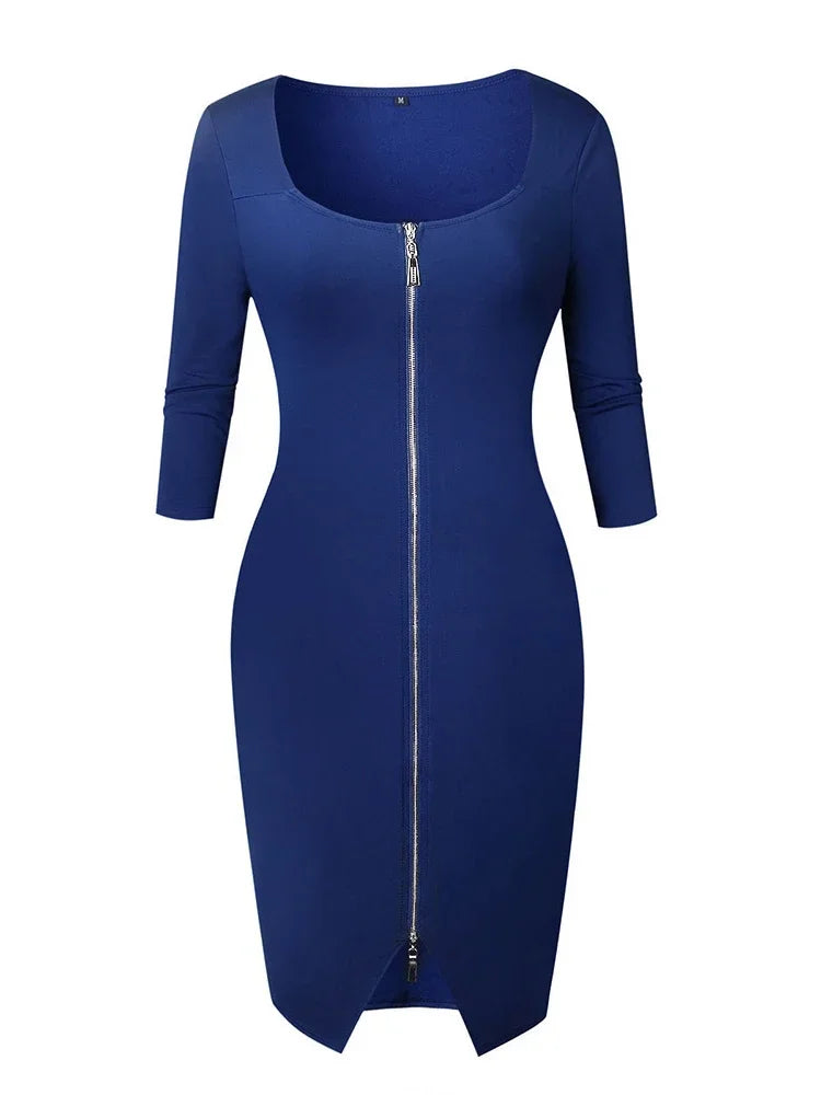 Sexy Long Zipper Girdling Waist Slim Bodycon Dress Women Half Sleeves Solid Color Skinny Dress Elegant Club Party Vestidos