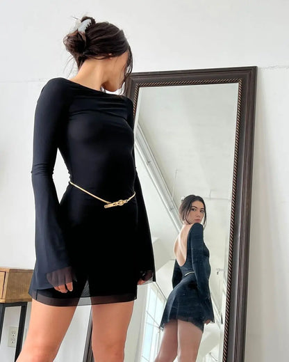 Sexy Female Short Dress Solid Color Long Sleeve Backless Fashion Black Skin Friendly Club Streetwear