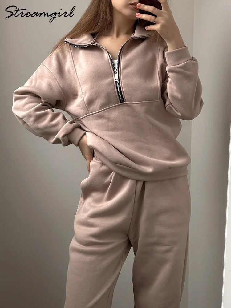 Gray Thick Warm Women Tracksuit 2 Piese Set Winter Pink Fleece Sweatpants And Sweatshirts Purple Suit Set Women Pants Set Ladies