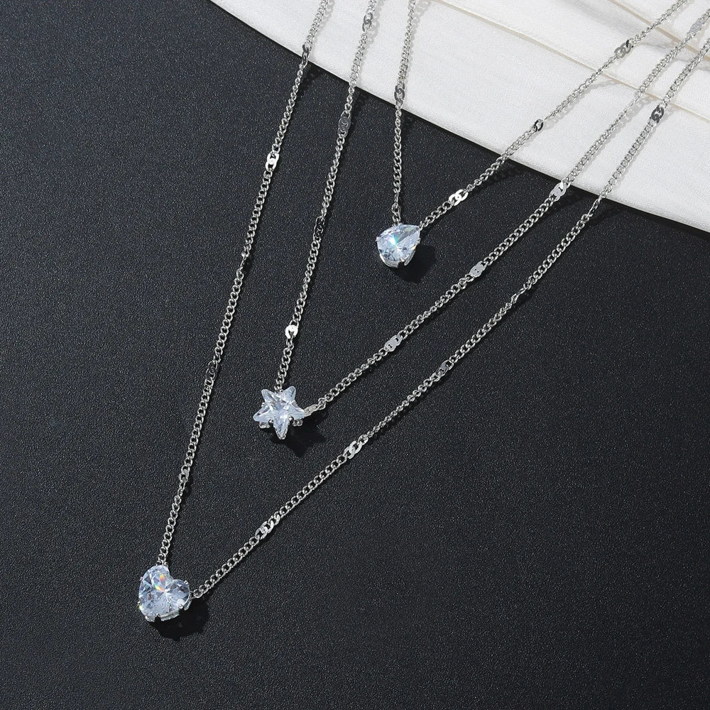 VKME Crystal Zircon Heart Star Charm Layered Pendant Necklace for Women Charms Fashion Rhinestone Female Vintage Fashion Jewelry