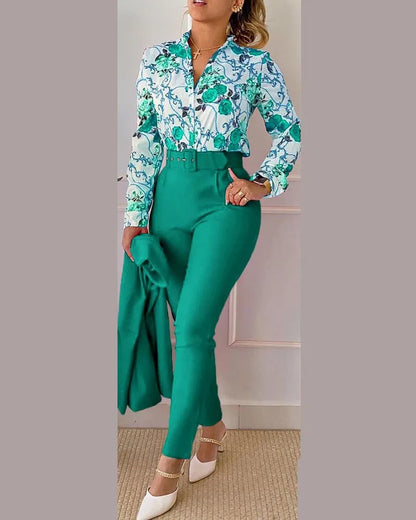 Casual Long Sleeve Shirt Pants Set Office Lady Fashion Elegant V Neck Floral Print Trousers Two Piece Set Women Outfit 2023