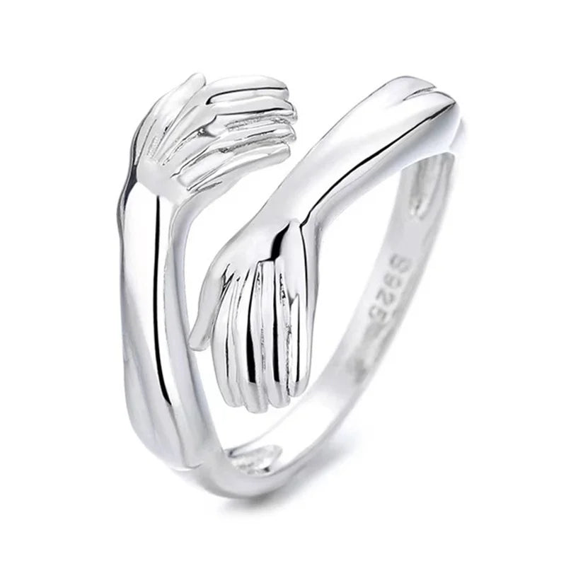 Classic Creative Silver Color Hug Rings for Women Fashion Metal Carved Hands Open Ring Birthday Party Jewelry