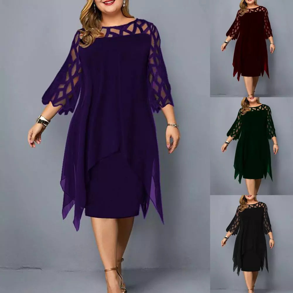 Plus Size Dresses Women 5XL Lace Mesh Sexy Elegant Midi Party Black Purple Dress Loose Hollow Out Women's Clothing 2022 Spring