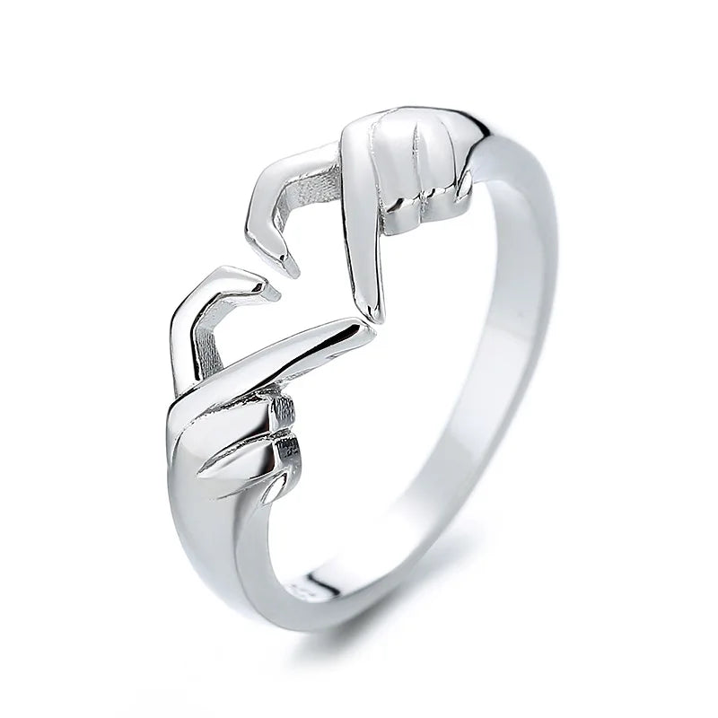 Romantic Heart Hand Hug Fashion Ring for Women Couple Jewelry Silver Color Punk Gesture Wedding Men Finger Accessories Gifts