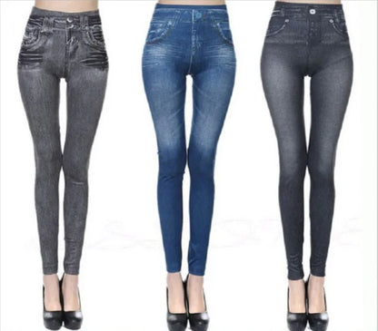 2022 New Vintage Elastic Imitation Denim Leggings High Waist Slim Fit Hip Leggings Women's Jeans Pants Female Clothing Trousers 