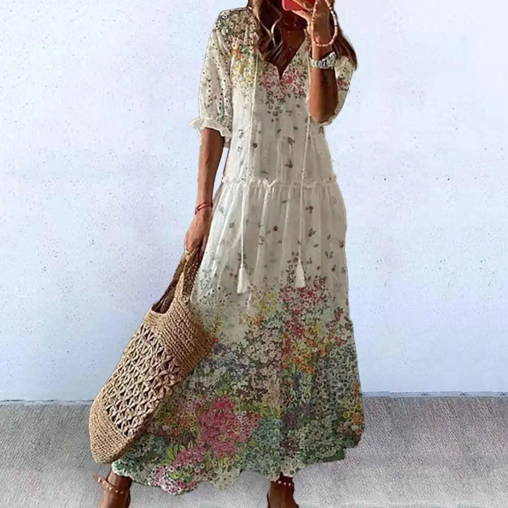 Women Loose Fit Dress Floral Print A-line Maxi Dress with Tassel Detailing V Neckline for Women Vacation Beach Style Ankle - Sri sampi