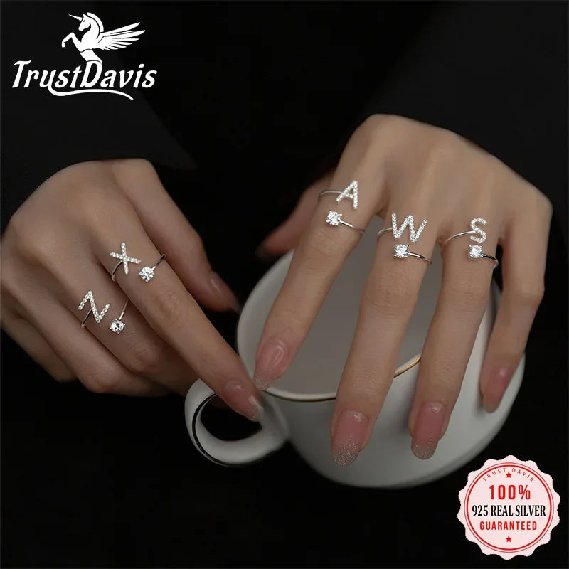 TrustDavis Real 925 Sterling Silver Rings For Women Wedding Party Jewelry 26 Letter Clear CZ Opening Ring Fine Jewelry  DA3121