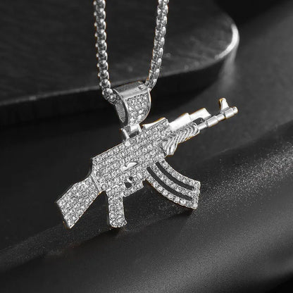 Hip Hop Ice Out Zircon Ak-47 Assault Rifle Pendant Necklace for Men Women Fashion Street Rock Rap Party Jewelry