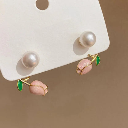 Sweet Fashion Enamel Pearl Tulip Flower Stud Earrings For Women Korean Temperament Zircon Back Hanging Earring Wedding Jewelry