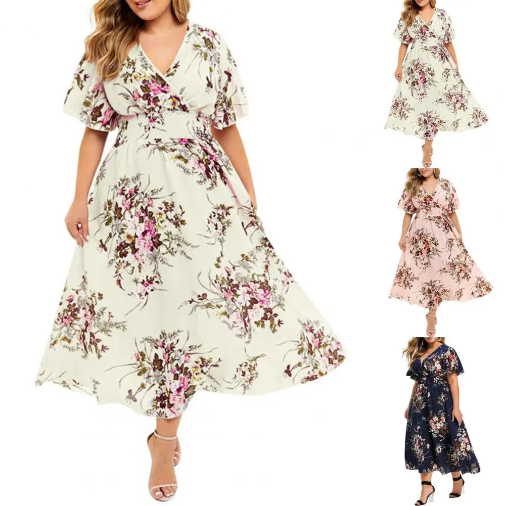 Plus Size Summer Dress Women Floral Chiffon V-Neck Short-sleeved Dress Elastic High Waist Bohemian Dress