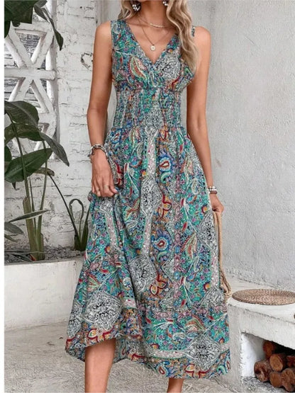 Summer Boho Dress Women Fahsion Sleeveless Print Beach Party Dresses Elegant Casual Holiday Female Dress For Women Robe Femme