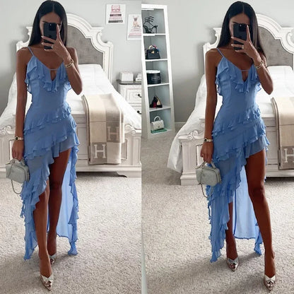 Holiday Maxi Midi Ruffles Beach Dress 2023 New Fashion Solid Color A-line Midi Dress Summer Sexy Strap Irregular Dress