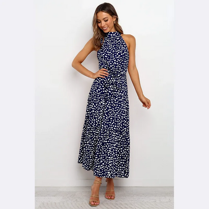 Long Polka Dot Dress for Ladies, Halter Strap, Backless, Off-the-Shoulder, Simple and Elegant, Casual Fashion, Summer, 2023