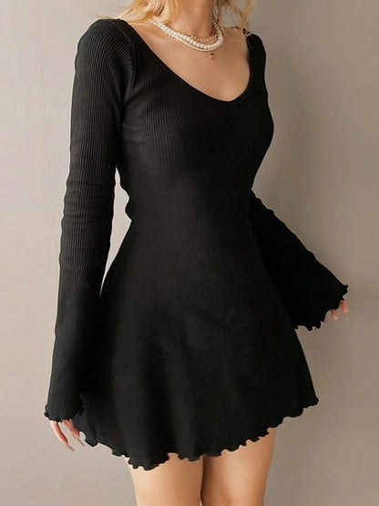 Knitting Elegant Dress For Women Spring Fall Solid Color V Neck Office Lady Irregular Hem Simple Basic Slim Dresses