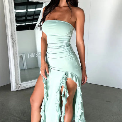 Elegant Ruffles Off Shoulder Women Midi Dress Sexy Strapless Off Shoulder Slim Fit Dress Female Beach Holiday Dress Vestido