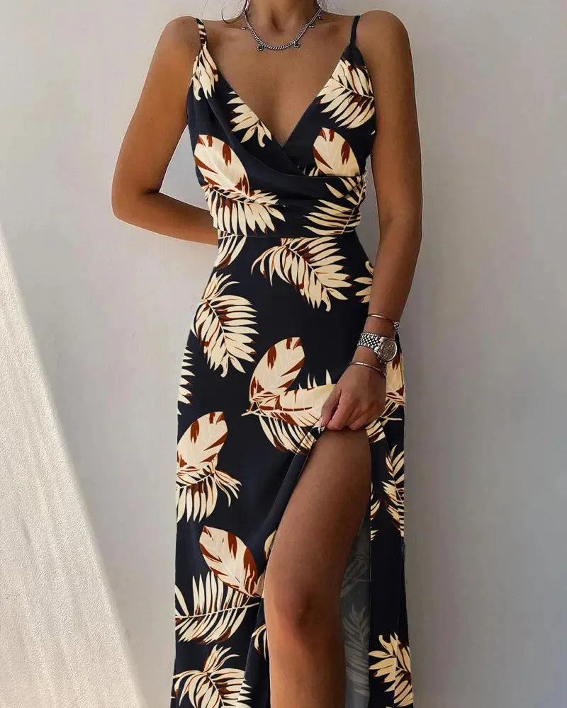 Elegant Women Sexy Long Dresses 2023 Summer Fashion Print Gradient Solid Out Off Shoulder V-Neck Female Camisole Dress S-XXXL