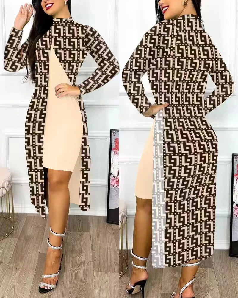 Women's Printed Slit Dress High Neck High Waist Hollow Long Sleeve Fashion Loose Casual Sexy Slit Asymmetrical Office Clothing