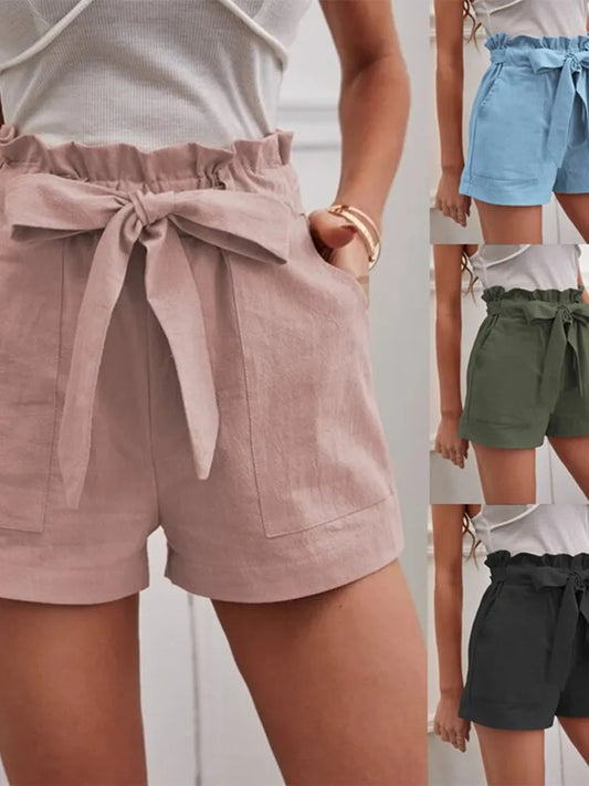 Europe and America Cross border New 2023 Summer Women's Loose Linen Casual Shorts Pockets Solid Large High Waist Wide Leg Pants