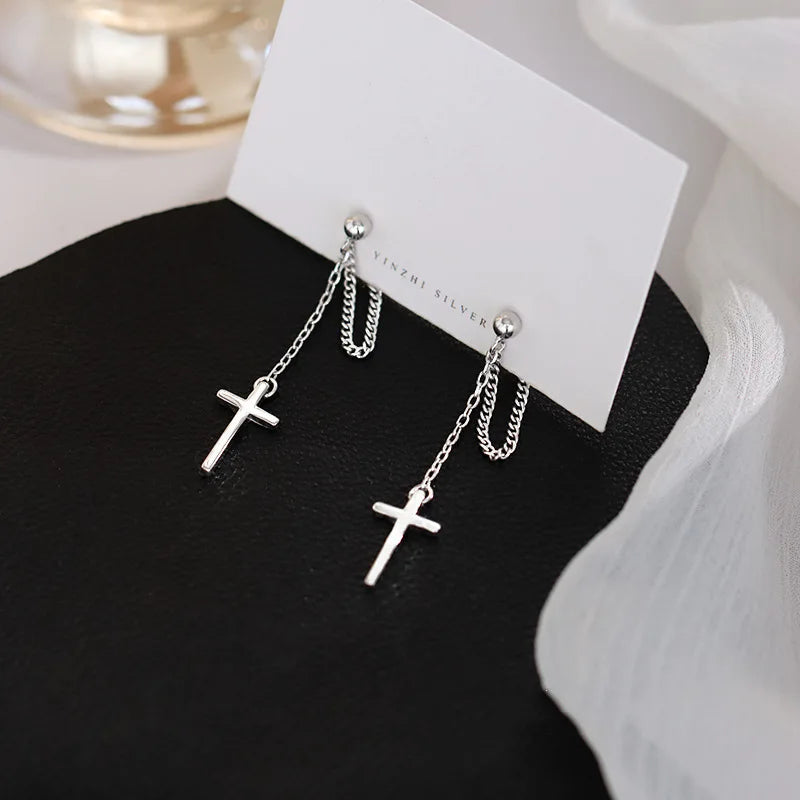 Punk Silver Color Cross Drop Earrings for Women Men Gothic Hip Hop Long Tassel Hanging Earring Jewelry Gift Bijoux