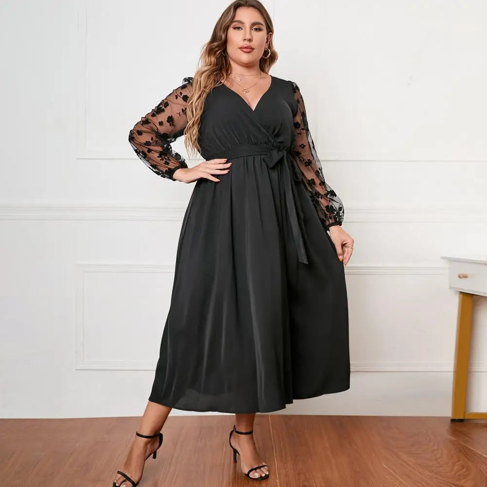 Plus Size Women Dress Elegant V-neck Embroidered Lace Mesh Midi Dress with Long Sleeves Belt for Women High Waist Wrap Hem Plus