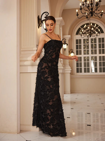 Mingmingxi Formal Occasion Dresses Maxi Black Appliques Dresses for Dancing Parties Long Elegant and Beautiful Women Dress