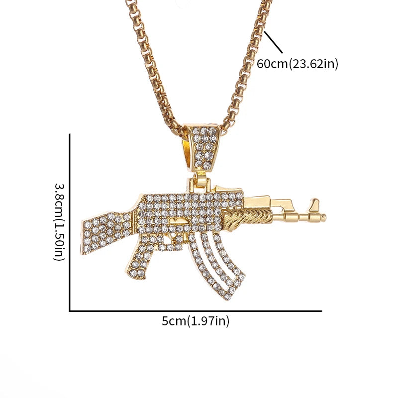 Hip Hop Ice Out Zircon Ak-47 Assault Rifle Pendant Necklace for Men Women Fashion Street Rock Rap Party Jewelry