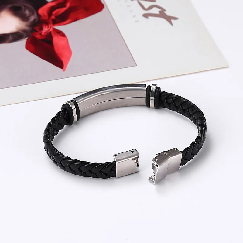 Stainless Steel Bracelet Simple Casual Leather Woven Bracelet Titanium Steel Leather Bracelet Bracelet for Men Stainless Steel