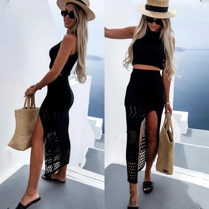 European and American women's split buttocks skirt top sleeveless two-piece dress summer платье  two piece sets womens outifits