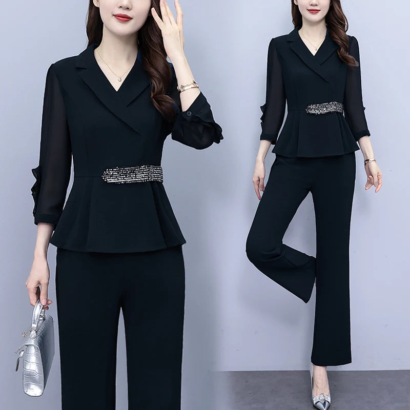 Fashion Oversize Women Pants Set For Spring Autumn 2023 New Elegant Slim Solid Turn Collar Office Lady 2 Pieces Outfits Pantsuit