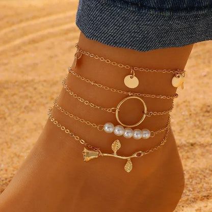 Summer Beach Anklet Set For Women Gold Color Chain On Leg Leaf Heart Pineapple Rose Charm Ankle Bracelet Female Jewelry Bohemian