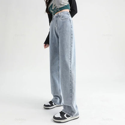 Woman Jeans Elastic High Waist Wide Leg Cotton Denim Clothing Blue White Streetwear Vintage Fashion Harajuku Straight Pants