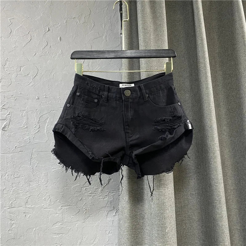 Black Denim Shorts Women's Torn Holes Rough Edges Jeans Shorts 2023 New Summer Korean Low-rise A-shaped Hot Pants