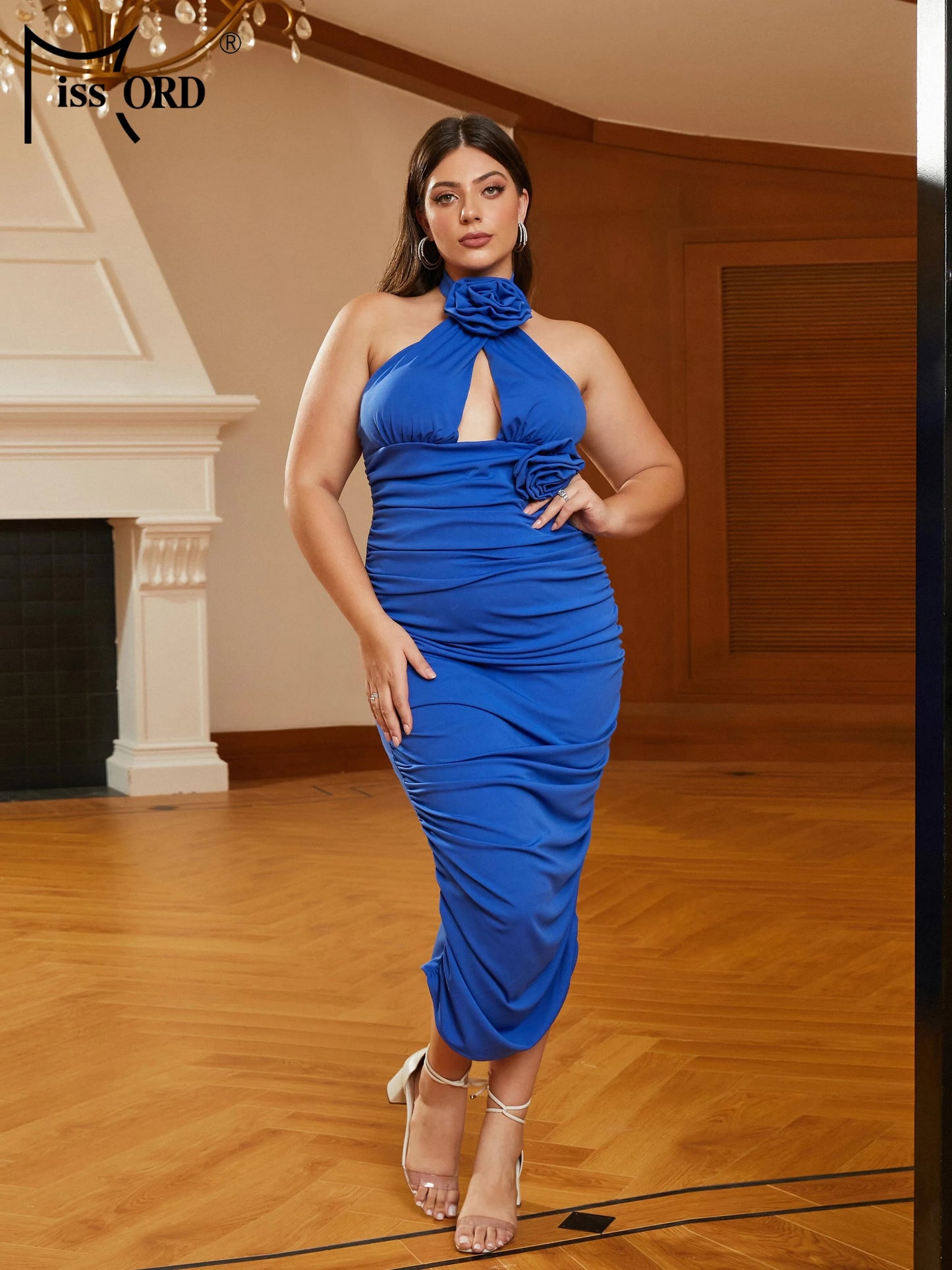 Missord Blue Midi Plus Size Dress Elegant Women Halter Sleeveless Cutout Appliques Bodycon Large Size Party Prom Dresses