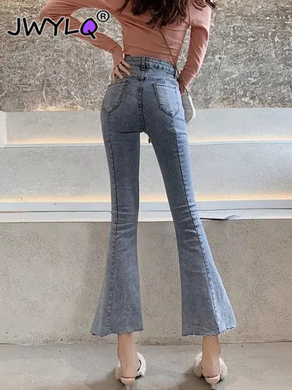 Classic High Waist Light Blue Flare Jeans For Women Elegant Slim Stretch Ankle-length Women Pants All-match Raw Edge Baggy Jeans