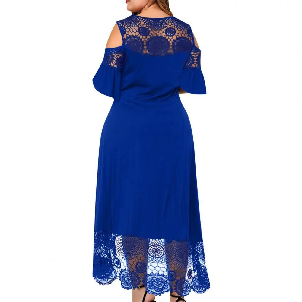 Plus Size Women Dress Flare Short Sleeve Cold Shoulder Embroidery Elegant Dress Party Lace Patchwork High-low Hem Dress Summer