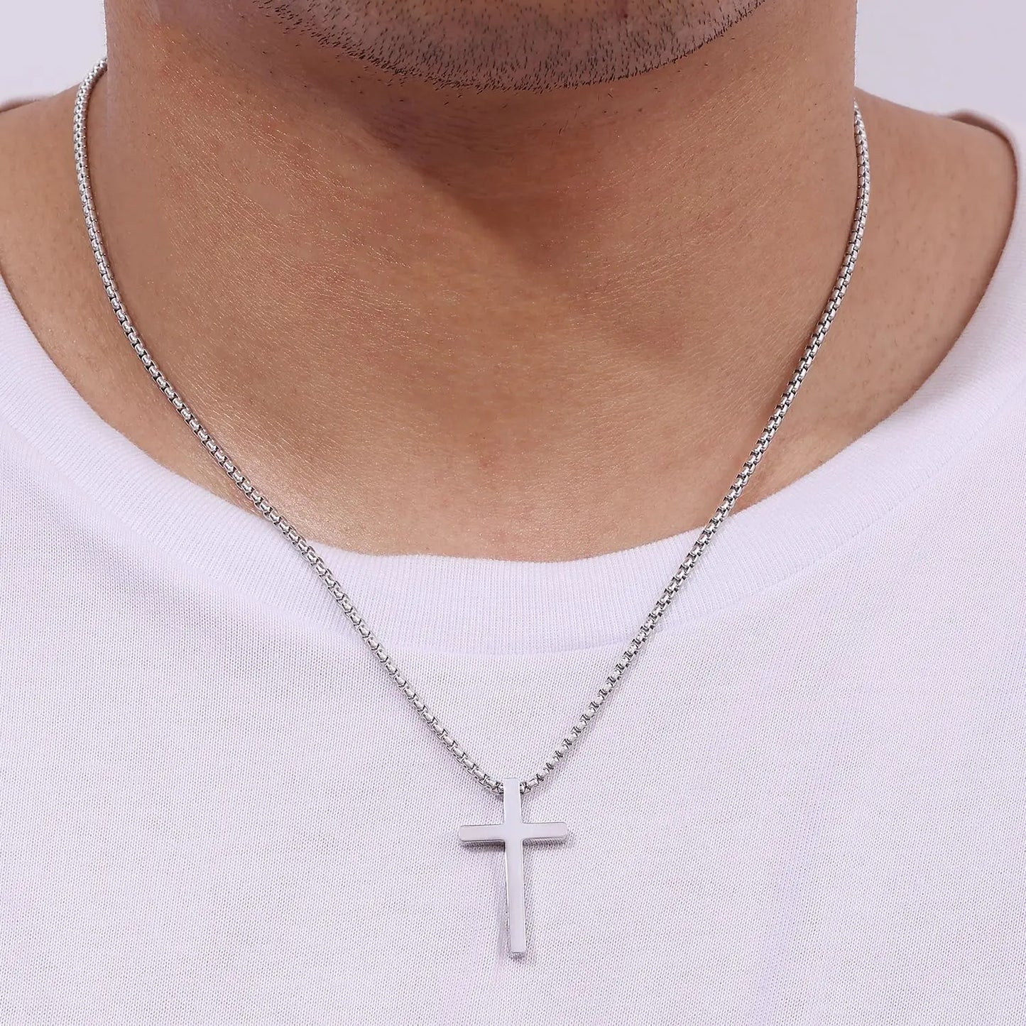 Vonmoos 16-24 Inch Silver Cross Necklace Mens Cross Necklaces with 2.5mm Cross Chain and Exquisite Stainless Steel Cross Pendant