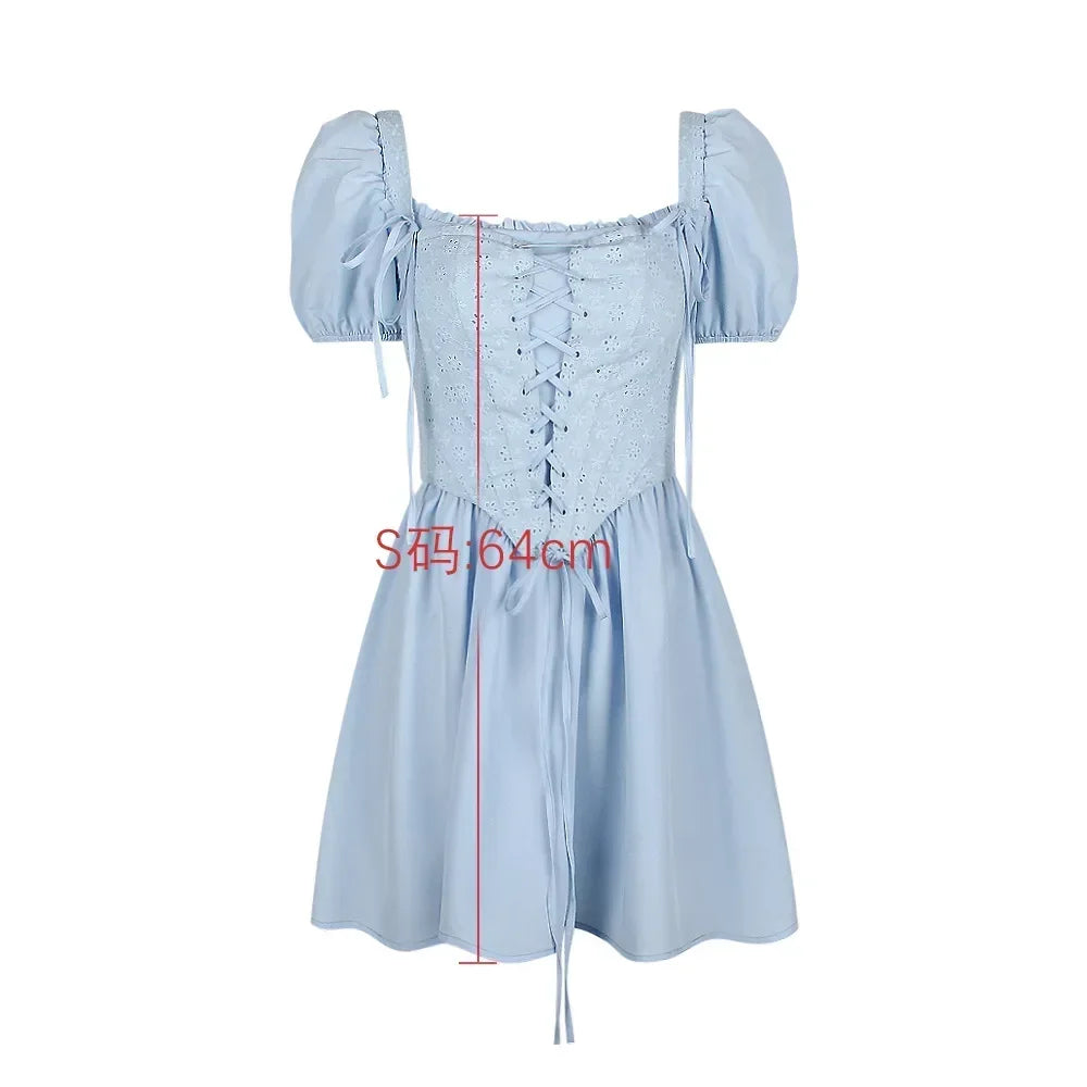 Suninheart Summer Blue Puff Sleeve Corsetto Abito Mini Elegante A Line Lace Up Holiday Party Dress Collo quadrato Abito donna 2023 