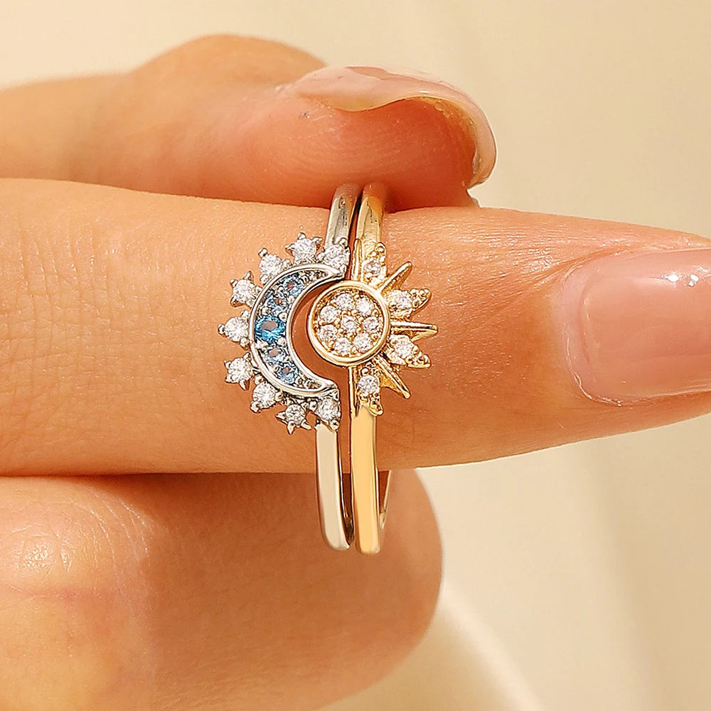 Fashion Sun Moon Star Rings For Women Temperament Adjutment Sparkling Couple Rings Set Finger Wedding Jewelry Charm Gifts