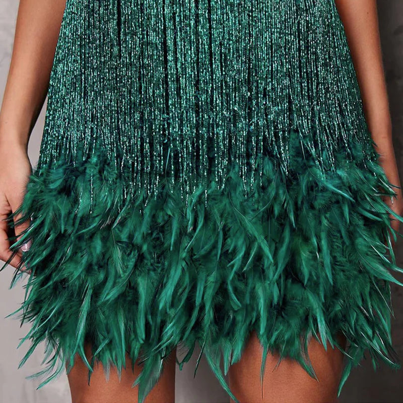 Vssjavun Sequins Tassel Feather Spaghetti Strap Dress Women Fashion Sexy Stitching Mini Dress Evening Party Club Elegant Dress