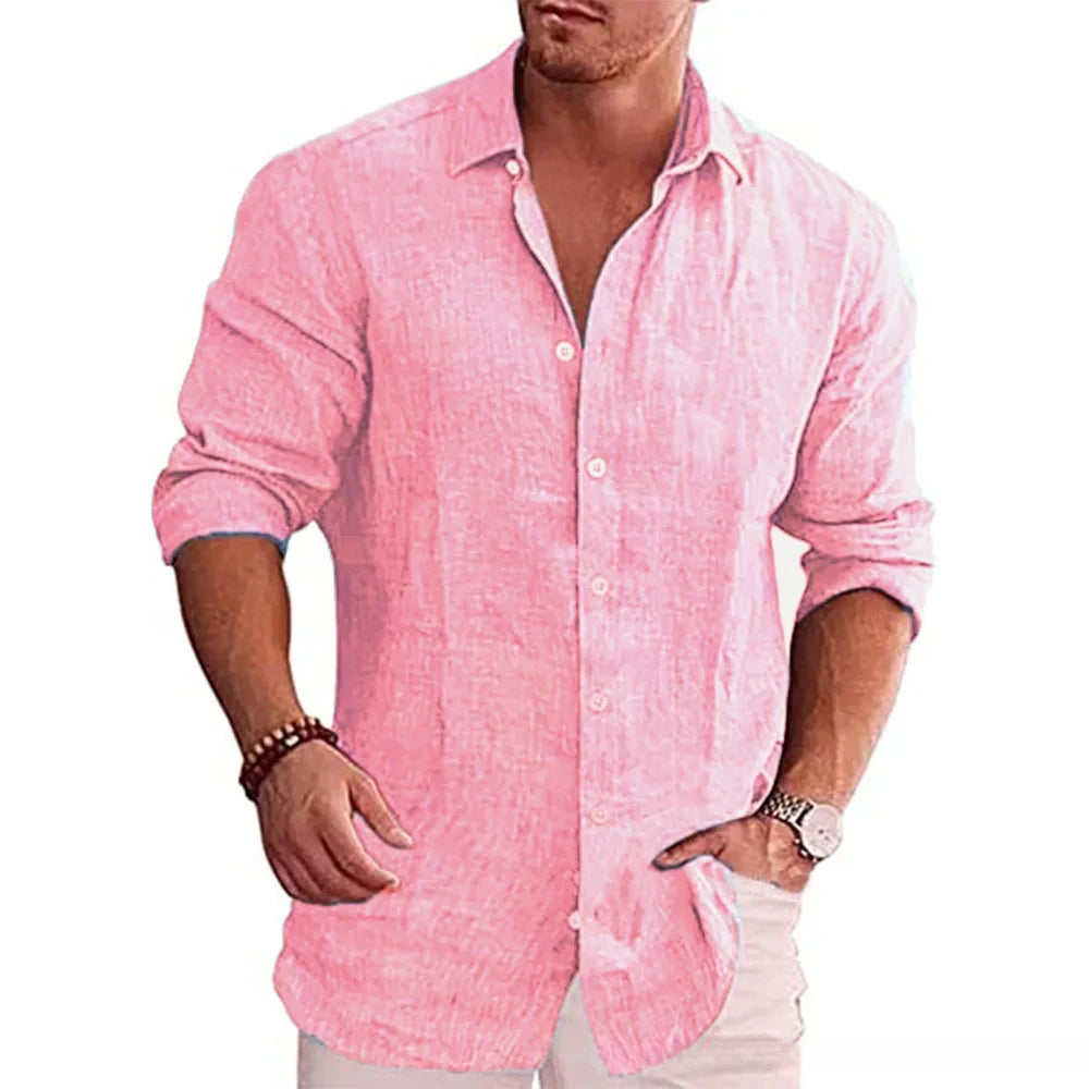 Camicia a maniche lunghe da uomo in lino di cotone autunno vendita caldo tinta unita stile casual camicia di lino casual da uomo taglie forti