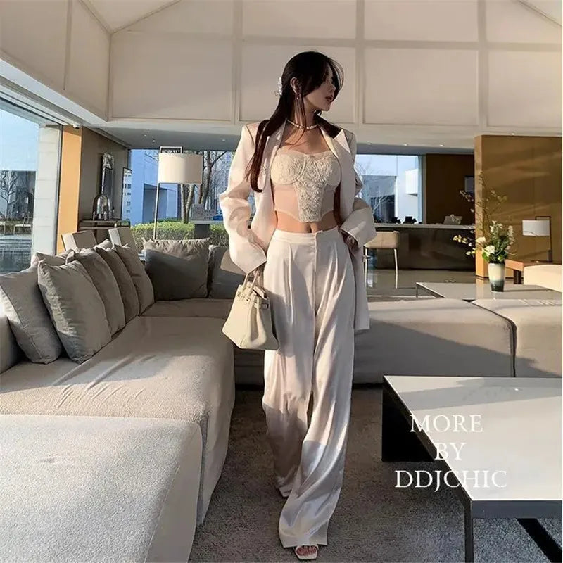 Acetate Satin Straight Casual Trousers Women 2023 New Summer Fashion Temperament Loose Wide Leg Pants Woman Clothes Comfortable