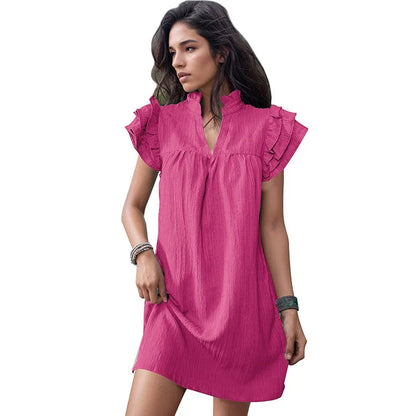 Qybian Womens V Neck Ruffle Short Sleeve Simple Solid Color Casual Summer Dress Beach Dresses