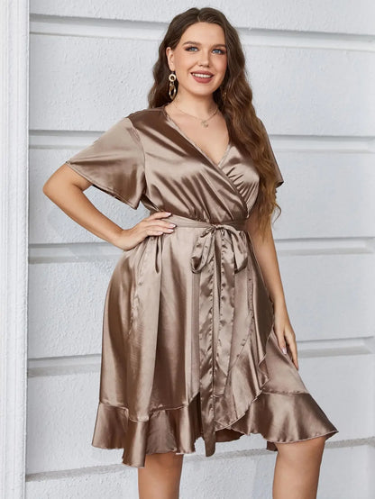 Plus Size Women's Satin Silky V Necked Collar Dress Wraped Waist Tie Short Sleeve Mini Robe Ruffle Hem Solid Gold Clothing