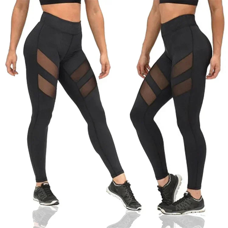 Women Mesh Patchwork Sport Leggings High Waist Tights Pants Solid Sports Wear for Women Gym Push Up Yoga Pants Plus Size S-XL - Sri sampi